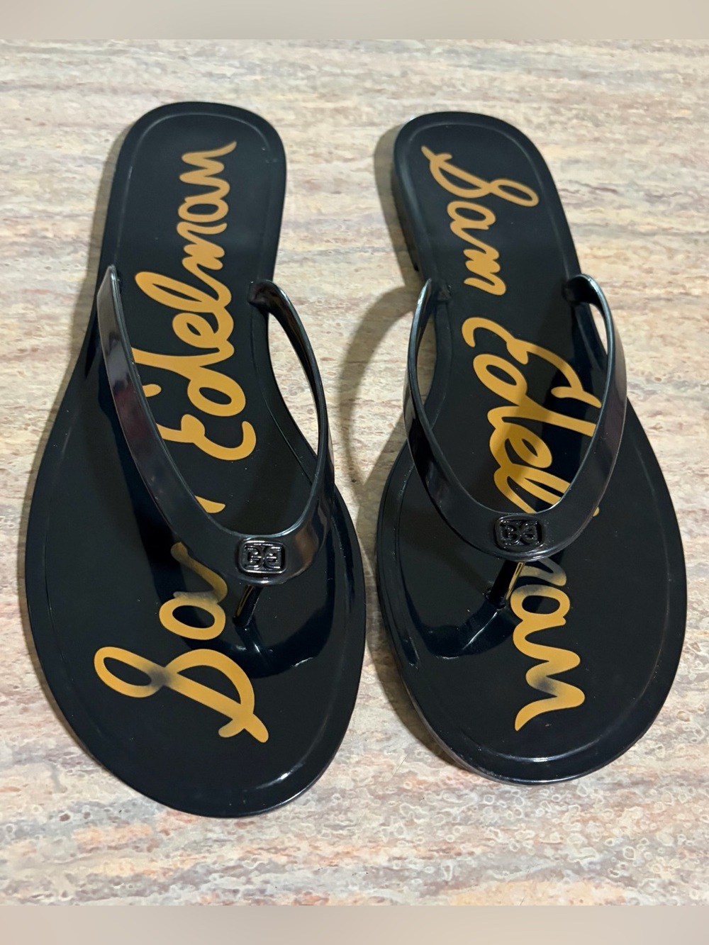 Sam Edelman DEAN Black Glossy Jelly Sandals with Gold Script Size 12M.